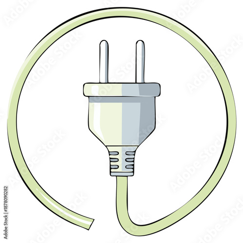 Illustration of a two prong power plug surrounded by a circle energy efficiency symbol symbolizing energy saving and eco friendly power source