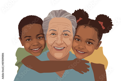 A happy senior woman surrounded by two smiling children in a warm and loving family moment