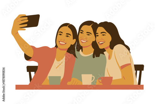 Three young women taking a selfie together at a table with coffee cups