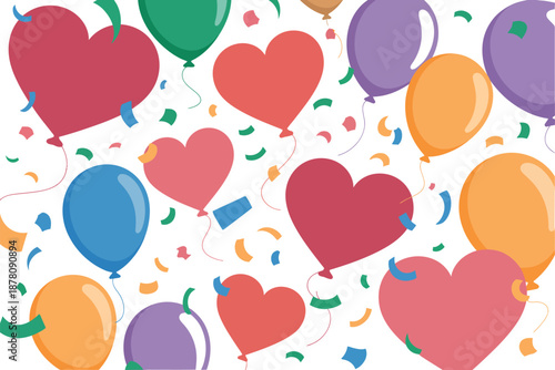 A colorful illustration of heart-shaped and round balloons floating with confetti on a white background