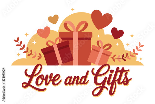 A colorful illustration of gifts and hearts with the words 'Love and Gifts' written in red cursive font.