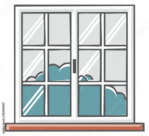 Cartoon illustration of a broken window with a blue cloudy reflection on the panes