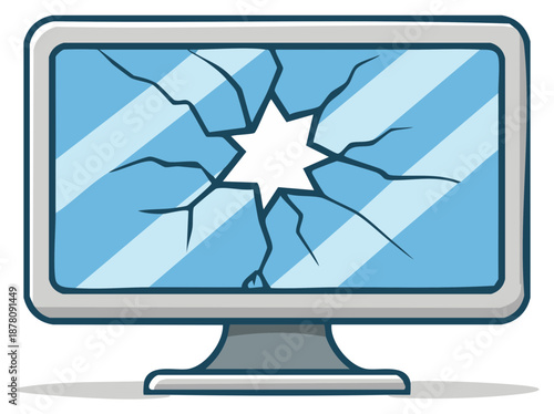 Cartoon Cracked Computer Screen with Starburst Break