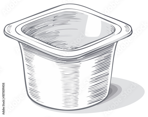 Detailed sketch illustration of an empty square plastic food container or yogurt cup with hatched shading