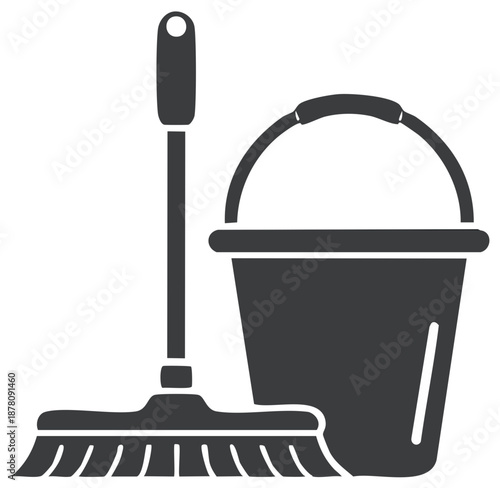 Simple black silhouette icon of a mop and bucket for cleaning and janitorial services