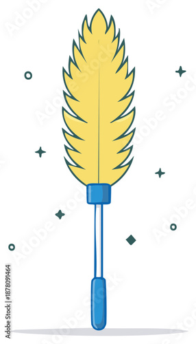 Cute Yellow Feather Duster for Dusting, Cleaning Icon or Clip Art, Spring Cleaning Vector Illustration