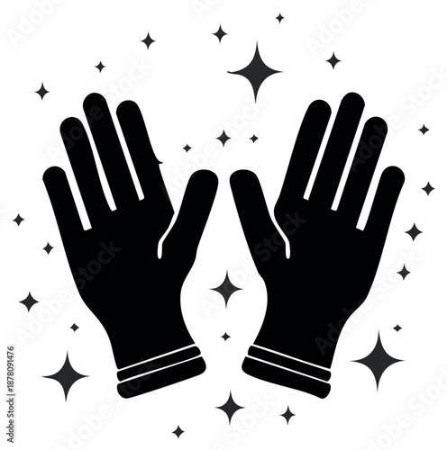 Black silhouette gloved hands with glittering stars symbolizing hygiene and protection
