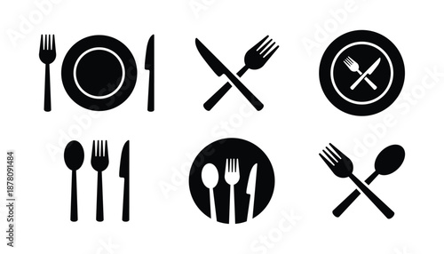 Fork, knife, plate, and spoon set icons. Tableware set. Restaurant icon. Menu symbol. Cutlery icon set. Vector illustration