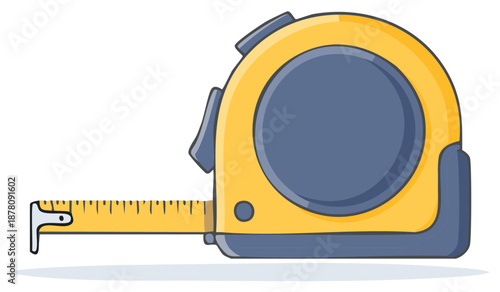 Yellow and blue retractable measuring tape tool with extended metal ruler and markings