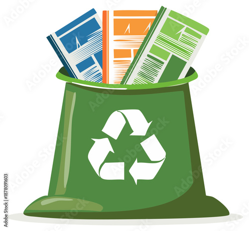 Green recycling bin filled with colorful magazines and newspapers symbolizing paper waste.