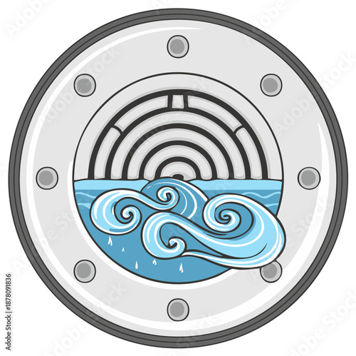 Illustration of stylized waves in a nautical porthole with an arched design element, conveying ocean adventure.