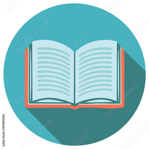 Open book icon in flat design style with long shadow on a circular background