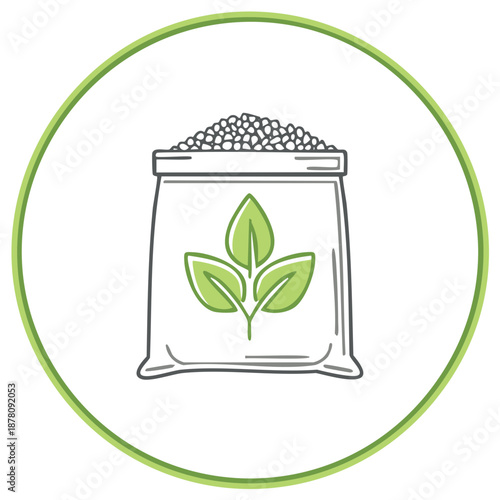 Sack of seeds or organic fertilizer with green leaf symbol vector line icon for gardening