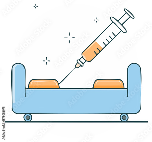 Syringe injection into a hospital bed conceptual medical treatment cartoon illustration