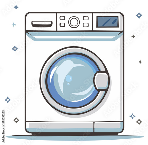 Modern white front-loading washing machine with circular glass door and controls.