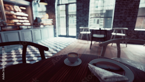 Bright morning light fills a warm cafe where a small cup of coffee sits on a table beside a plate of fresh pastries. The inviting atmosphere makes it perfect for a relaxing moment. © icetray