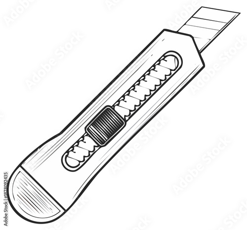 Sketch style box cutter knife with retractable blade for cutting material with vector illustration