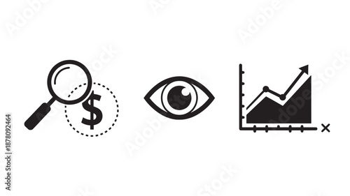 Financial Analysis Icons in Simple Monochrome Style with Bold Lines on White Background for Business Infographics
