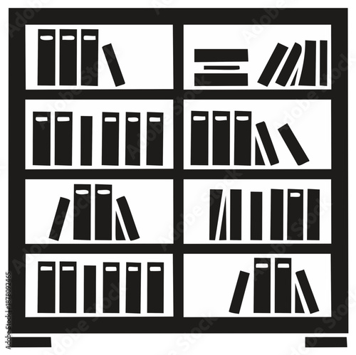 Full bookshelf filled with many books a black and white vector icon representing knowledge learning and library