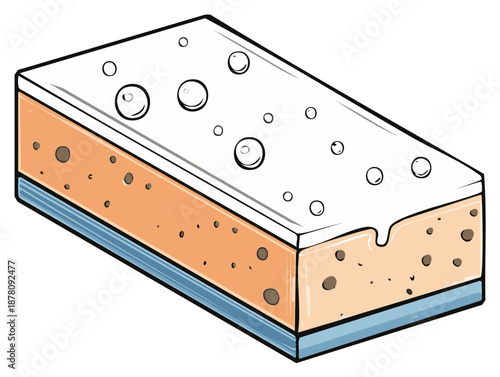 Drawn illustration of a rectangular foam washing cleaning sponge with water droplets on top