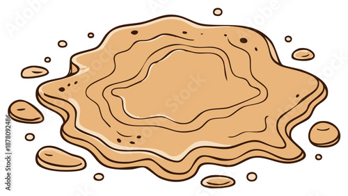 Spilled Liquid Illustration: Brown Splatter with Drips and Outlines, Cartoon Style