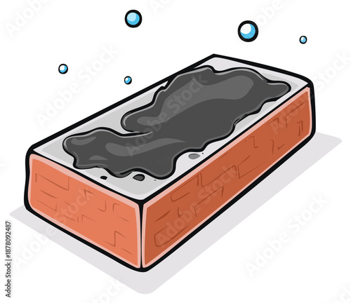 A single cartoon brick with a layer of fresh wet mortar and black waterproofing tar illustration