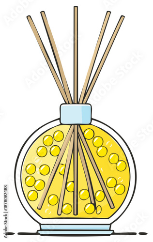 Aromatic diffuser with wooden sticks and yellow liquid in a round glass container