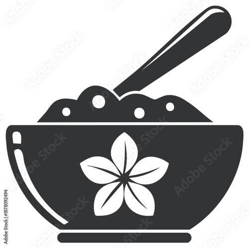 Bowl of porridge or dessert with spoon and flower design in monochrome, a minimal illustration for healthy food