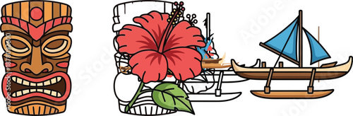 Vibrant hawaiian tiki mask, exotic hibiscus flower, and traditional outrigger canoe depicting island life