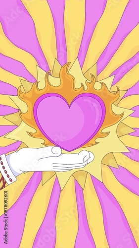Burning heart held in radiant light lofi vertical animation. Y2K hand holding pink love symbol in yellow flames rotating. Lo fi 2D cartoon animated 4k video. Chill aesthetic, live wallpaper