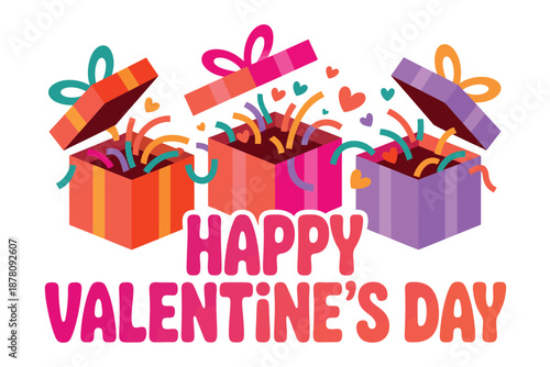 A colorful Valentine's Day graphic with open gift boxes and confetti