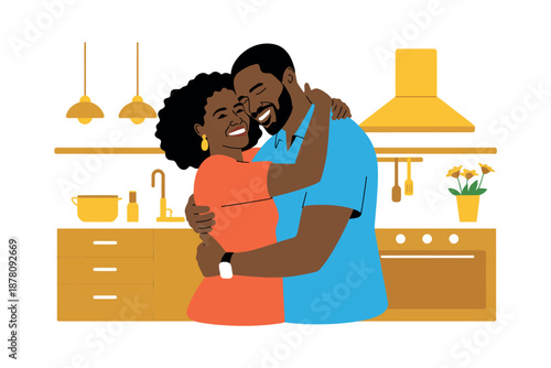 A loving couple embracing in a modern kitchen with warm yellow tones and happy expressions