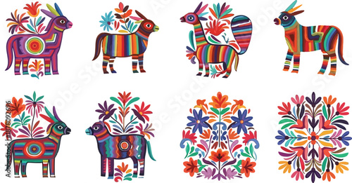 Vibrant mexican folk art collection featuring brightly colored abstract paper mache animals and elaborate traditional floral symmetrical designs