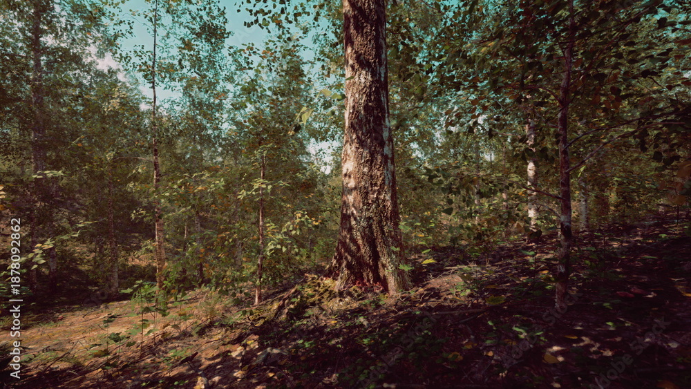 Obraz premium Sunlight filters through the vibrant leaves of a serene forest. Tall trees create a natural canopy, offering a peaceful atmosphere. Nature thrives in this lush green setting.