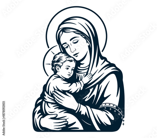 A serene illustration of the Virgin Mary holding the baby Jesus in her arms.
