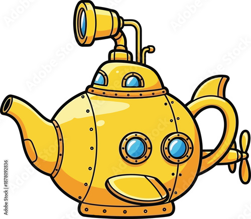 Whimsical yellow submarine teapot cartoon illustration featuring periscope portholes rivets propeller kitchen beverage container design