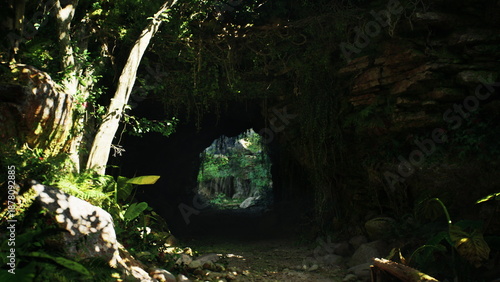 Fotografía A mysterious cave entrance opens up to vibrant greenery and sunlight filtering through