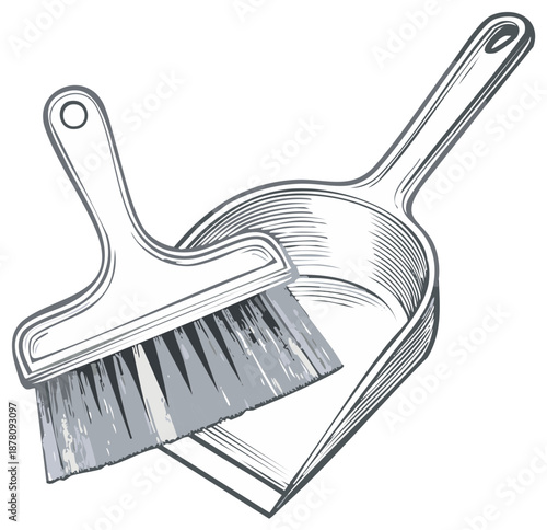 Vintage style line art illustration of a hand brush and dustpan for cleaning and housework.
