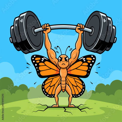 Strong Monarch Butterfly Lifting Heavy Iron Barbell, Flat Vector Illustration