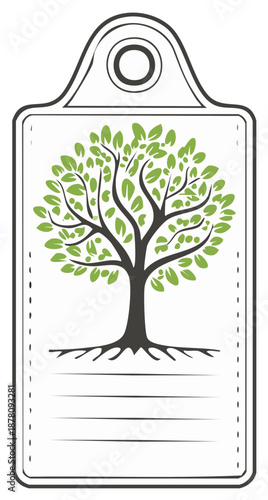 Tree of Life Icon Tag Graphic - Stylish Tree Illustration on Label with Roots, Leaves and Text Lines