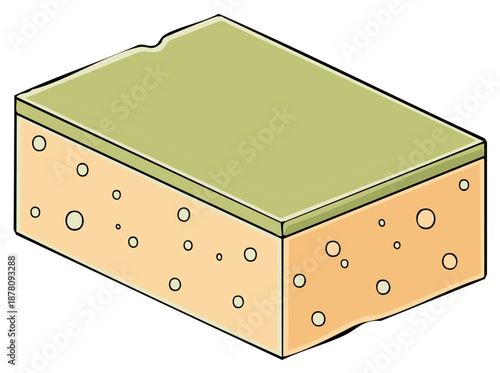 Cartoon Illustration of a block of cheese with holes, isometric perspective.