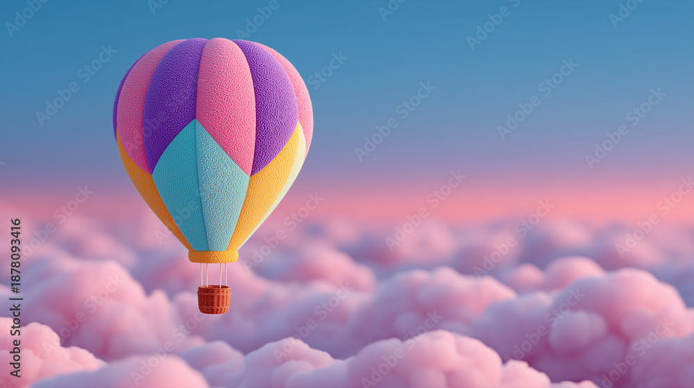 Fototapeta premium Colorful Hot Air Balloon Flying Above Pink Clouds with Copy Space