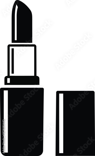 Detailed black silhouette of a lipstick with its cap alongside on a transparent background