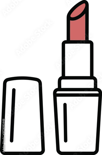 Red lipstick vector illustration with black outline and separate cap on a transparent background