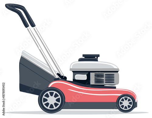 Illustration of a red and gray lawn mower showcasing gardening tools used for lawn care and landscape maintenance