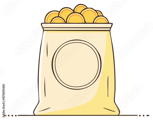 Bag overflowing with golden coins cartoon illustration money wealth concept