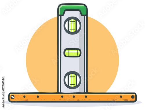 Cartoon illustration of three-bubble level aligned on horizontal ruler