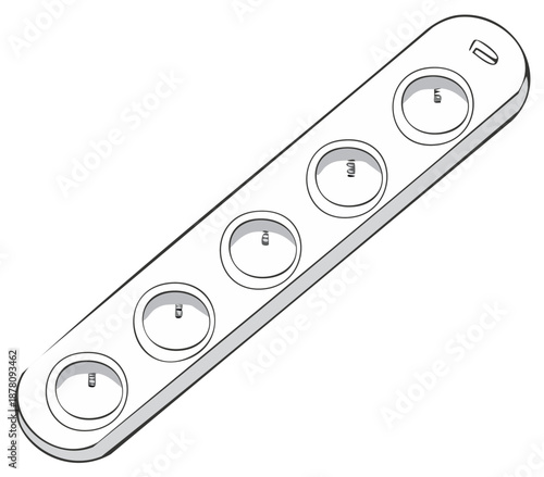 White electrical power strip with five outlets outline illustration for home or office