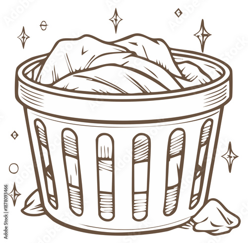 Line art illustration of a laundry basket full of clothes with a sparkle effect