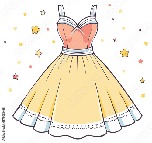 Cartoon illustration of a vintage style dress with a full skirt and floral design